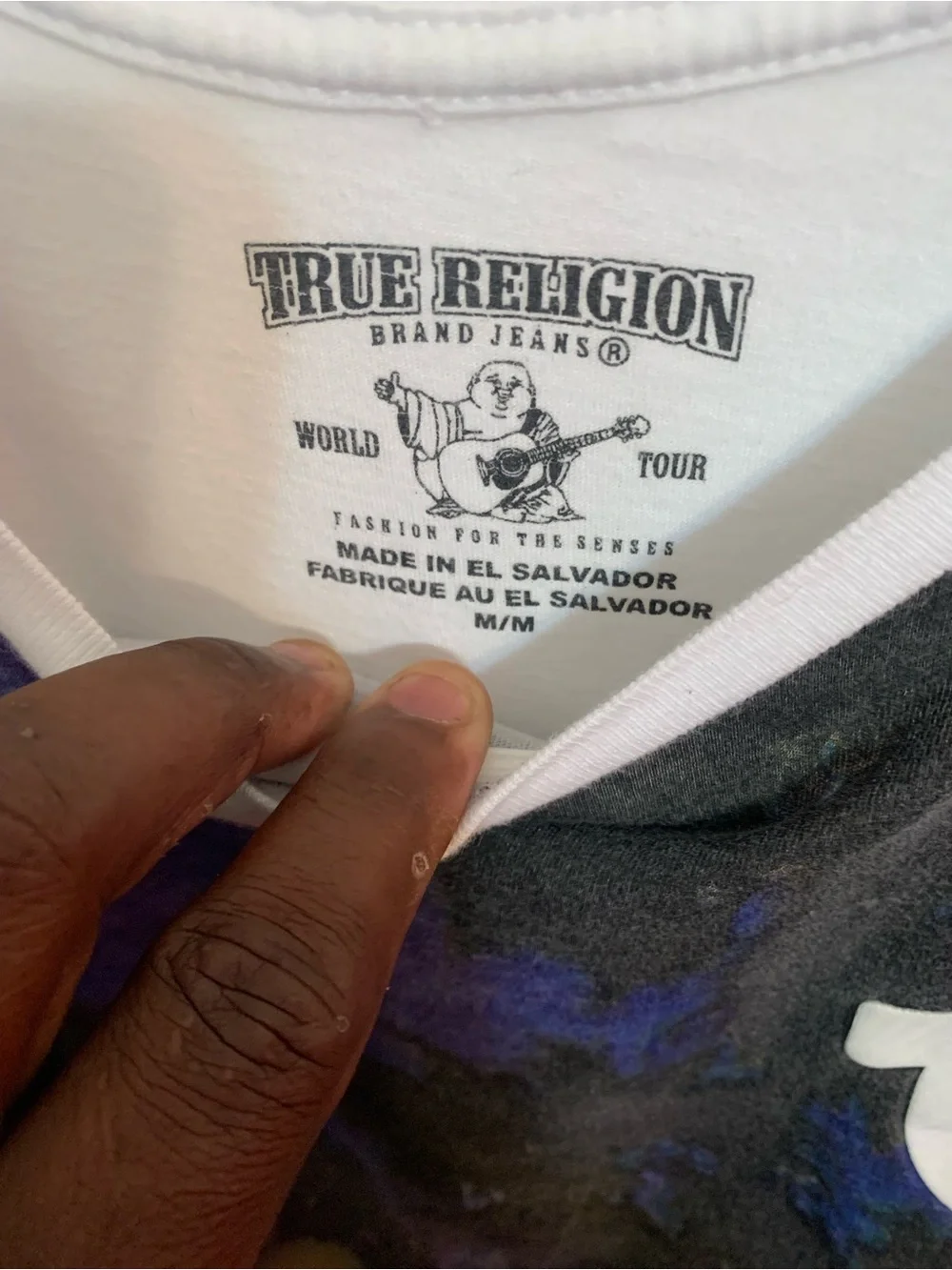 True Religion Men’s White-Rim Graphic Tee with Black and Purple Print